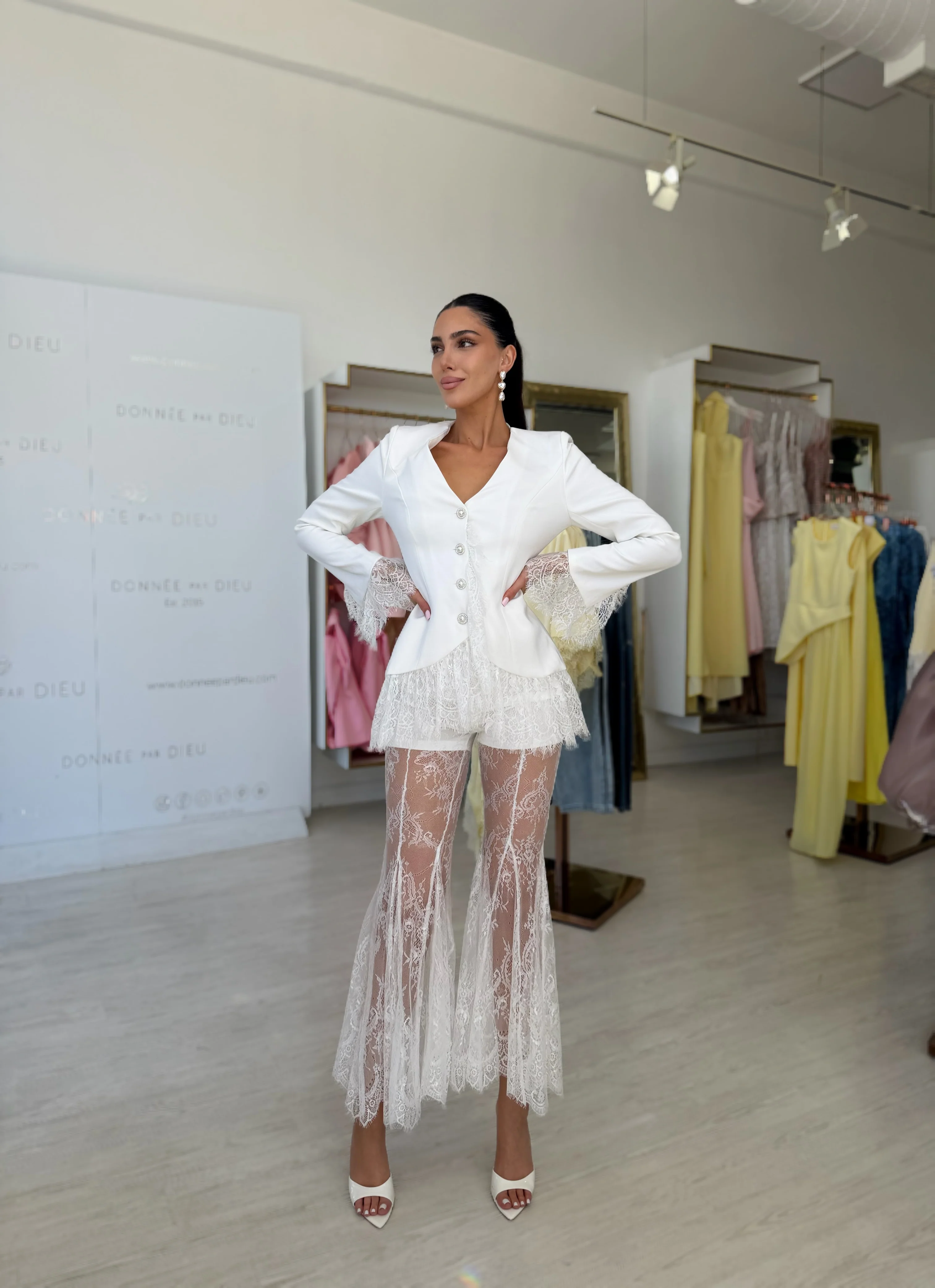 “Aria” blazer and lace pants set in white