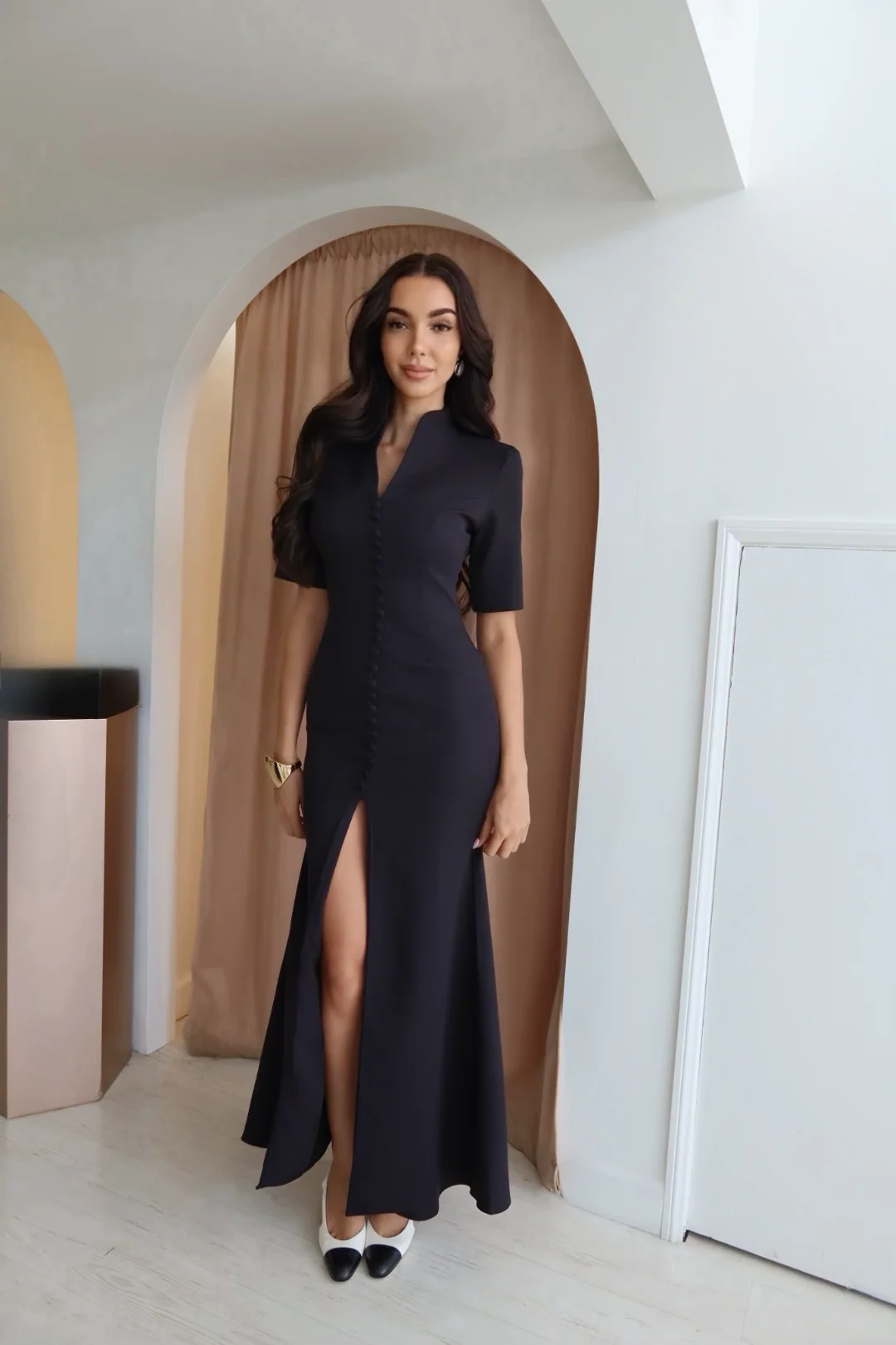“Aria” structured short-sleeve A-line mini dress in black