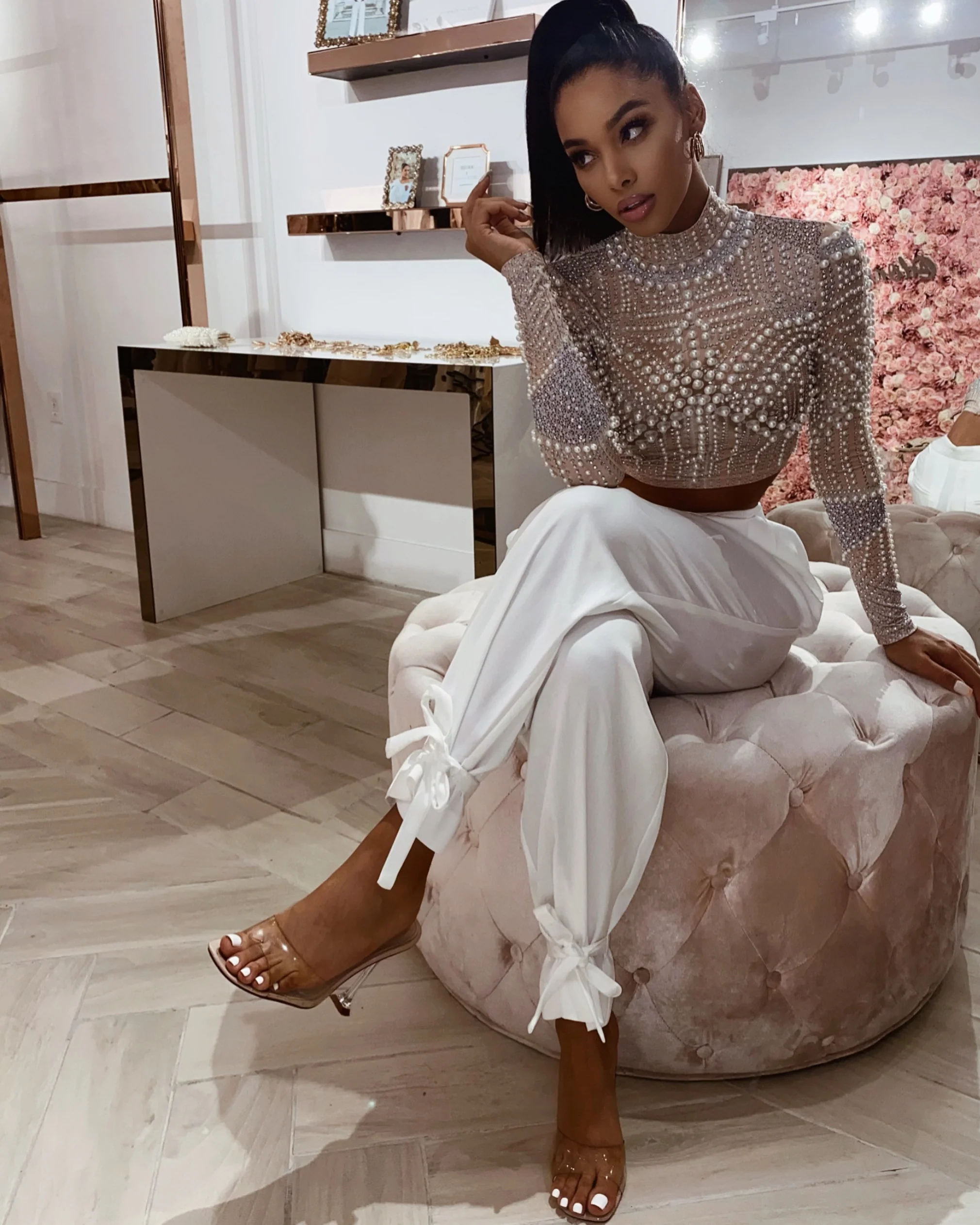 ‘CONFIDENCE’ Tied Bottom High Waisted Pants in White - Image 2
