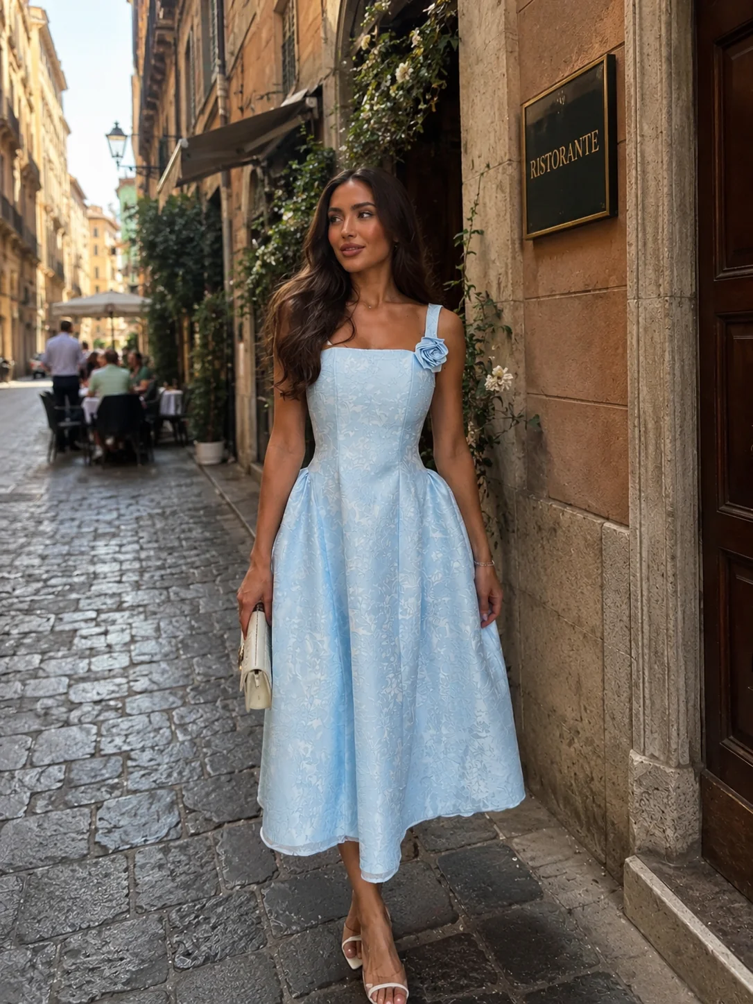 “Rose Reverie” fit-and-flare structured dress in blue - Image 2