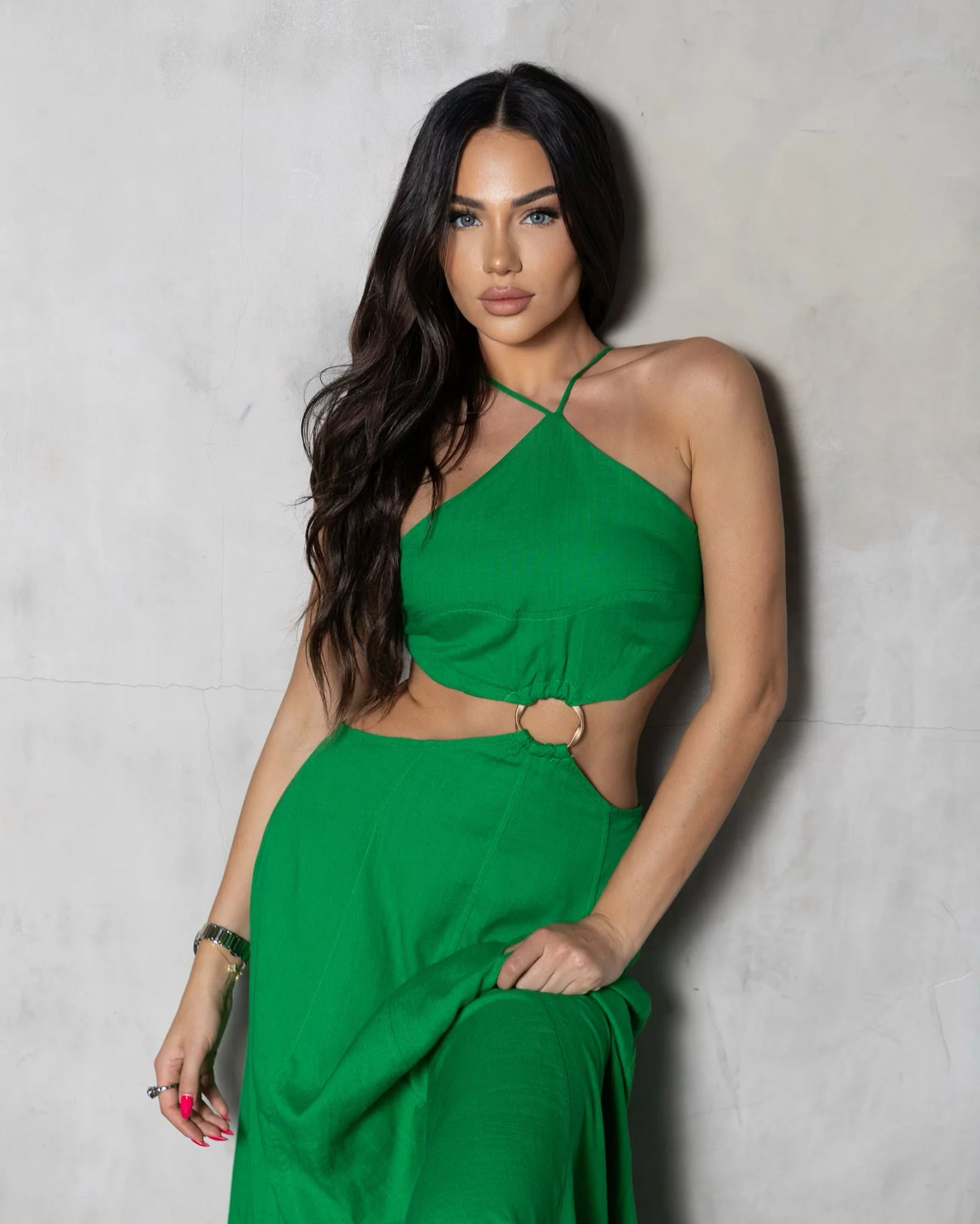 ‘Summer Nights' Linen Cutout Dress in green - Image 3