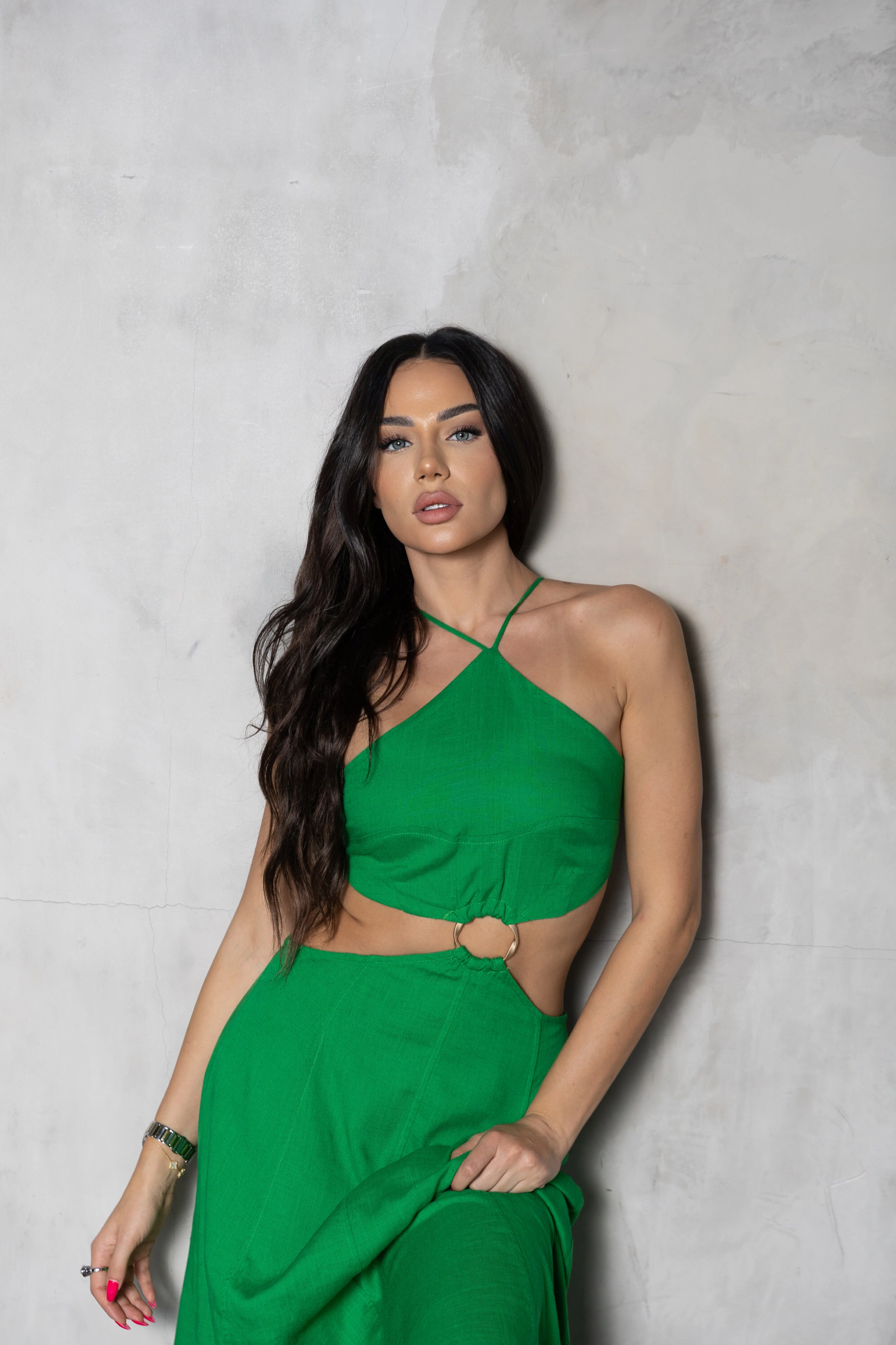 ‘Summer Nights' Linen Cutout Dress in green - Image 6